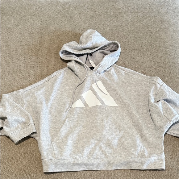 Adidas UR Hoodie Cropped Boxy Oversized 3 Strip Grey Heather Sweatshirt Large - Picture 2 of 6